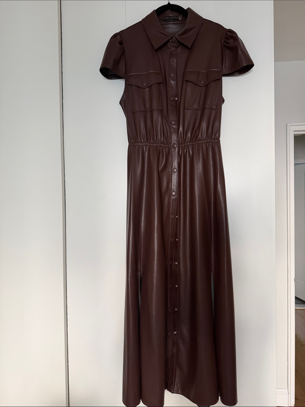 Alice + Olivia Dark Brown Faux Leather Button-Front Maxi Dress size 8
